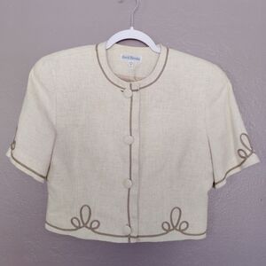 David Brooks Structured Linen Cropped Jacket With Embroidery In Cream Size 6